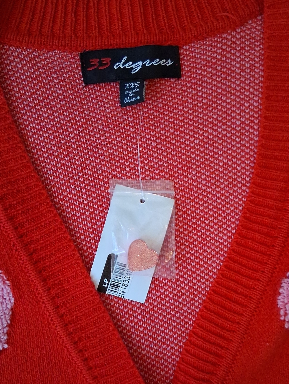 New Women's Heart Print V-neck Red And Pink Oversize Knit Glam Cardigan XXS - Picture 14 of 17